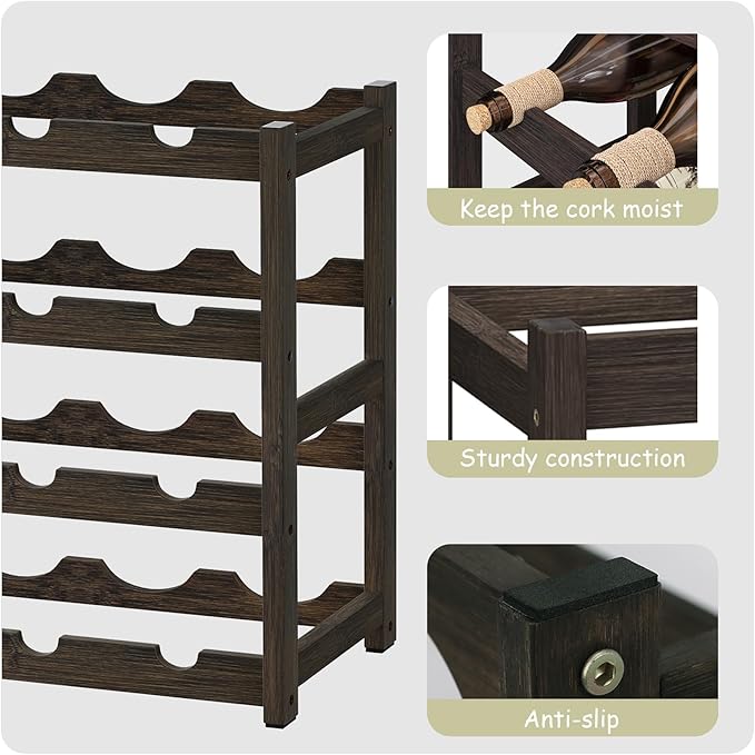 BAMEOS Bamboo Wine Rack Storage, 4 Tier Wine Racks Countertop, Wine Rack Freestanding Floor Wine Holder Cabinet for Kitchen, Bar, Pantry, Wine Cellar, Basement,Study (16.85 L x 9.25W x 17.24H)