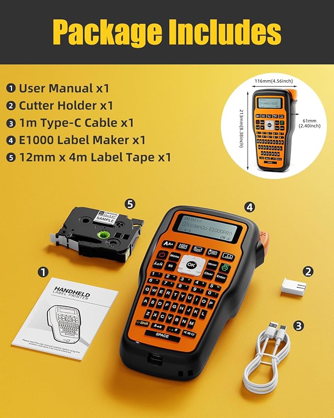 Label Maker Machine with-Tape, Heat Shrink Label Maker Waterproof-Labels, Wire Cable label Maker, E1000 Labeler Machine with-Tape 12mm Laminated Handheld Labeling Machine for Industrial Office