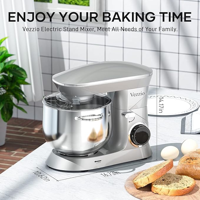9.5 Qt Stand Mixer, 10-Speed Tilt-Head Food Mixer, Vezzio 660W Kitchen Electric Mixer with Stainless Steel Bowl, Dishwasher-Safe Attachments for Most Home Cooks(Silver)