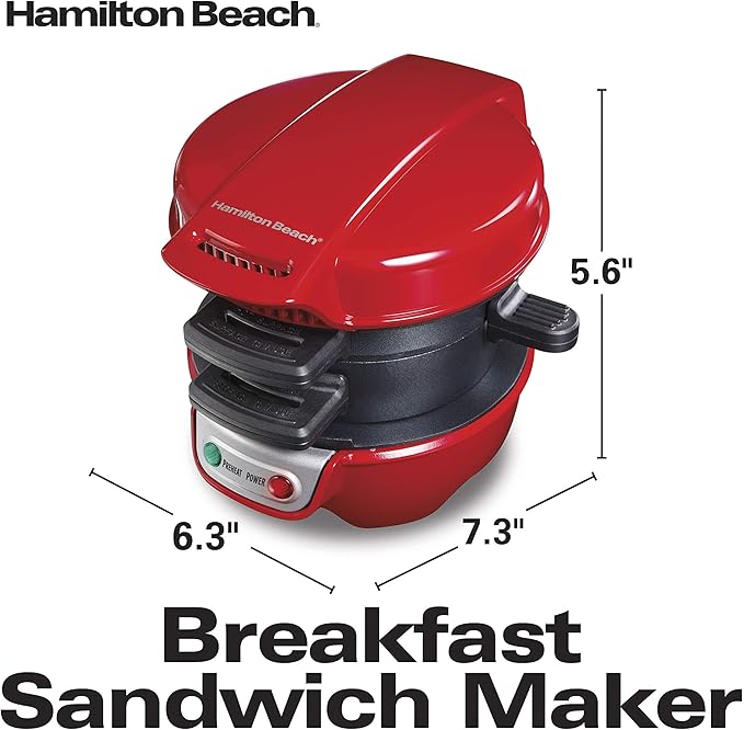 Hamilton Beach Breakfast Sandwich Maker with Egg Cooker Ring, Customize Ingredients, Perfect for English Muffins, Croissants, Mini Waffles, Perfect White Elephant Gifts, Red (25476)