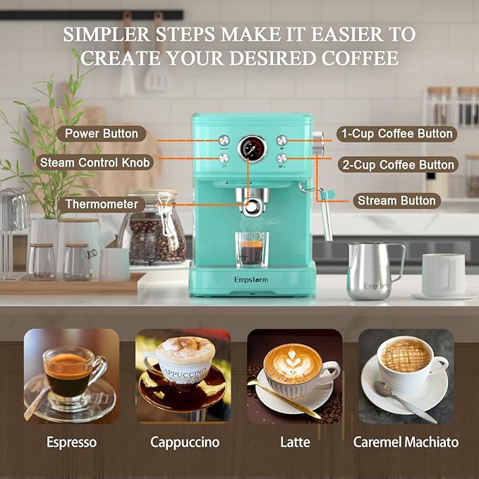 Espresso Machine Latte Coffee Makers 20 Bar, 2 IN 1 Professional Cappuccino Machine and Milk Frother Steam Wand Compatible for NS Original Capsules for Home Brewing - Blue