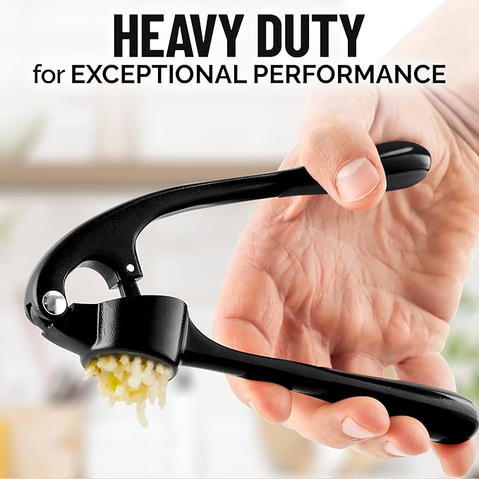 Zulay Kitchen Premium Garlic Press Set - Rust Proof & Dishwasher Safe Professional Garlic Mincer Tool - Easy-Squeeze, Easy-Clean with Soft, Ergonomic Handle - Silicone Garlic Peeler & Brush (Black)
