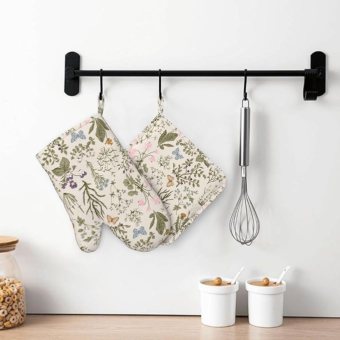 Vintage Wildflower Herbs Floral Rustic Butterfly Oven Mitts and Pot Holders Sets Silicone Kitchen Mitts Potholders Heat Resistant 4Pcs Oven Gloves Hot Pads for Kitchen Baking Cooking