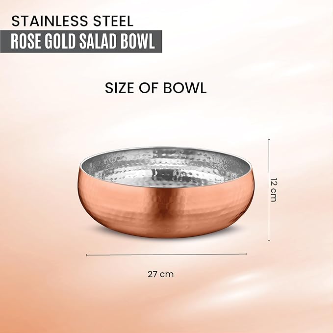 Avador® Set of 3 Premium Stainless Steel Salad Mixing Bowl Hammered Finish | Handmade | Includes Salad Serving Utensils (Rose Gold)