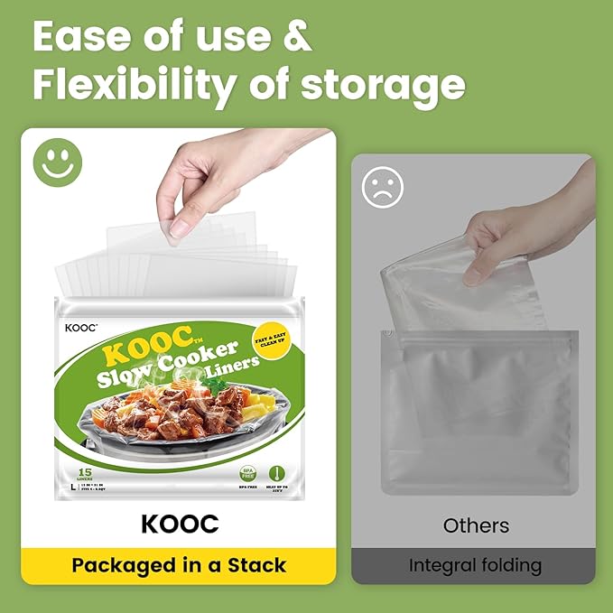 KOOC Slow Cooker Liners 13x21 inch 15 Count Large Size Disposable Pot Liners Cooking Bags Fit 3QT to 8.5QT Pot BPA Free Fresh Locking Seal Design