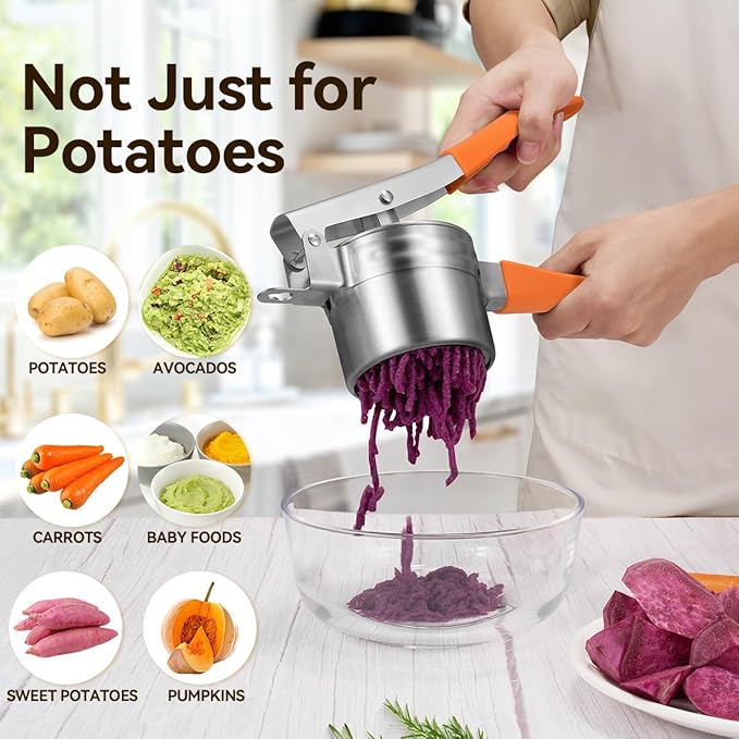 Potato Ricer, AMOHEE 15oz/425g Large Stainless Steel Potato Masher Upgrade Heavy Duty Design with Anti-Slip Handle Ricer for Mashed Potatoes & Food Press for Fruits, Carrots, Yams, Orange