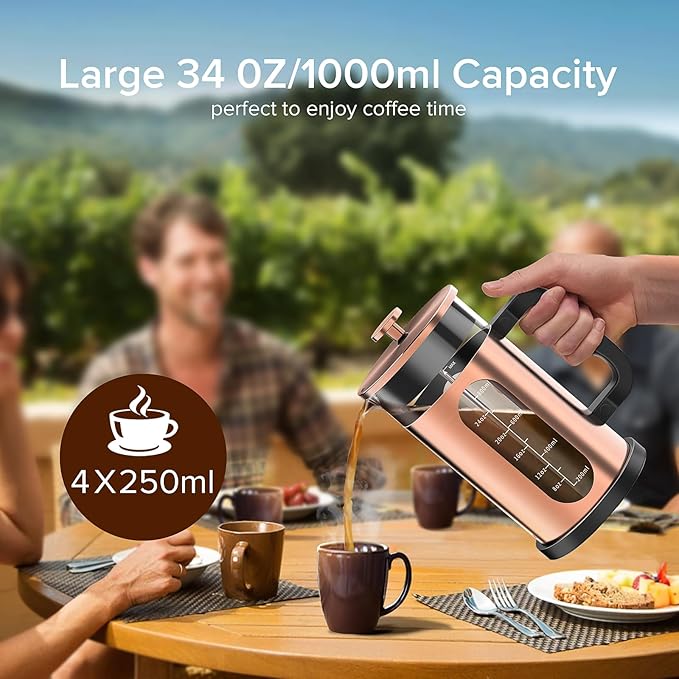 QUQIYSO French Press Coffee Maker, 304 Stainless Steel French Press with 4 Filter, Heat Resistant Borosilicate Glass, Easy to Clean, BPA Free Coffee Press Rust-Free Coffee Maker, 34 ounce, Copper