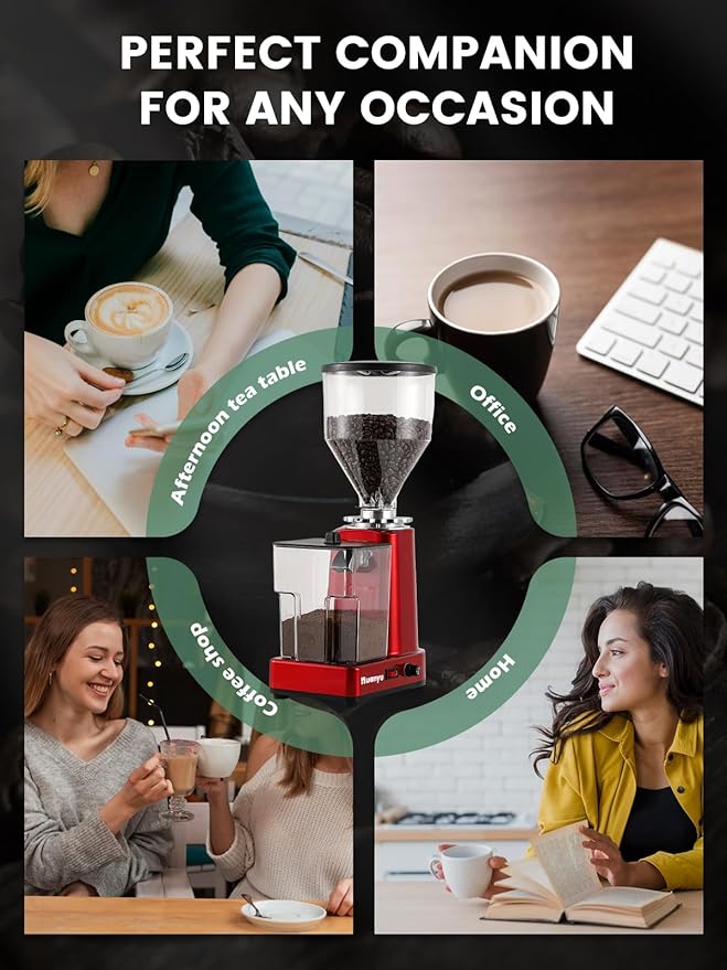 Huanyu Flat Burr Coffee Grinder with 19 Grinding Settings Bulk Electric Coffee Bean Grinder Adjustable Large Capacity 35oz Red