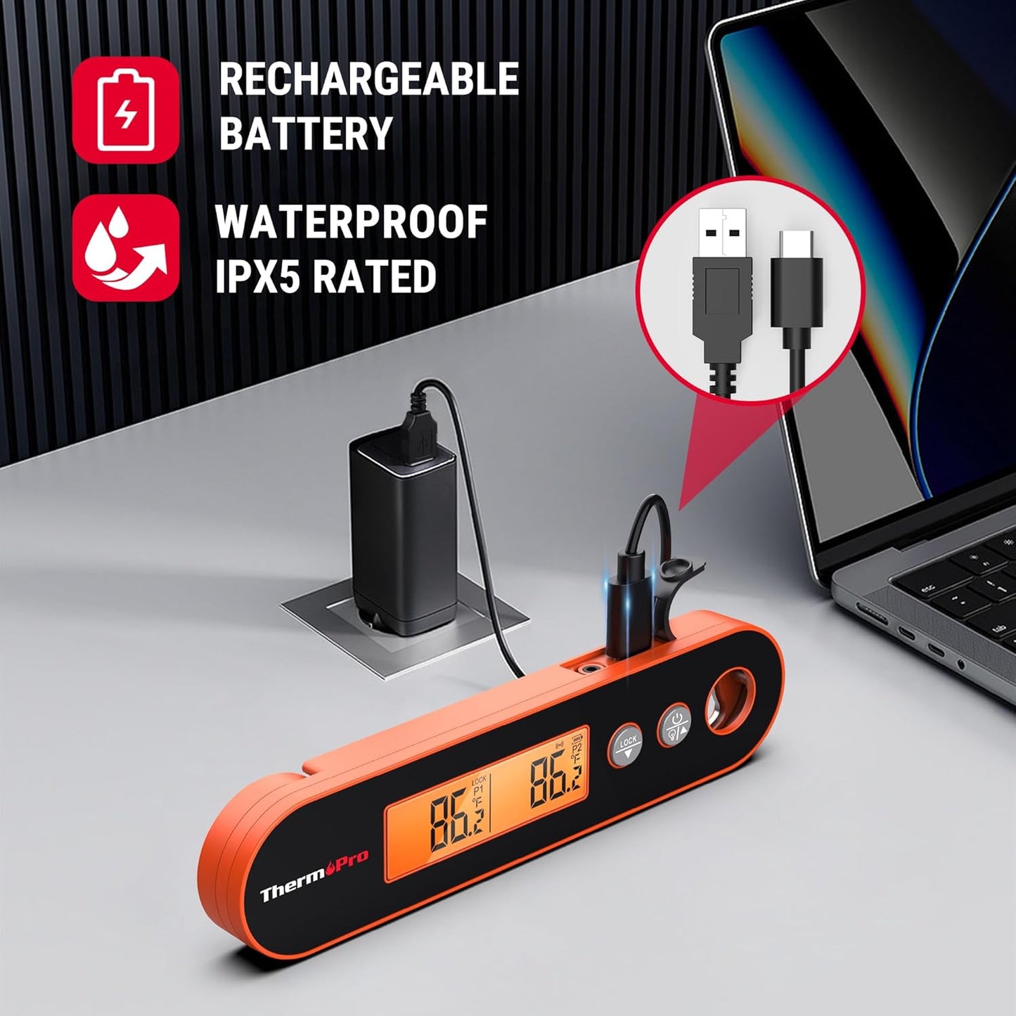 ThermoPro 2 Probes Meat Thermometer with Alarm, Rechargeable Instant Read Food Thermometer, Rotating LCD Screen, Waterproof Cooking Thermometer for Grilling, Smoker, BBQ, Oven