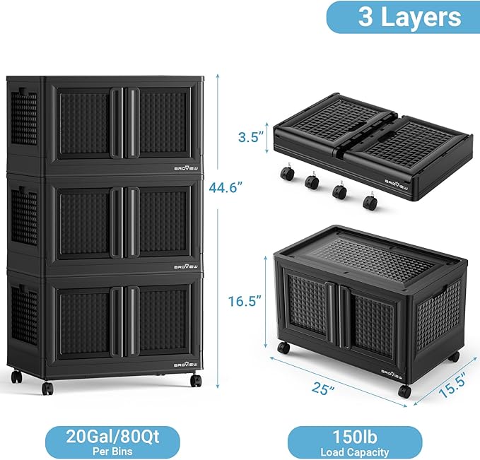 600Qt Stackable Storage Bins with Lids, 150Gal Closet Organizers and Storage Drawer, Plastic Collapsible Storage Bins with Doors, Heavy Duty Store Box Cabinet for Home Office, 6 Pack Black