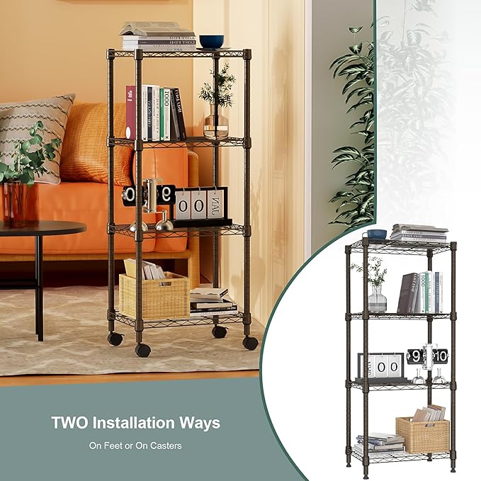 1000 lbs 4-Shelf Adjustable Heavy Duty Steel Wire Rack, Adjustable Storage Shelving Unit with Wheel for Kitchen, Garage, Laundry Brown 11.8" D x 17.7" W x 40.8" H