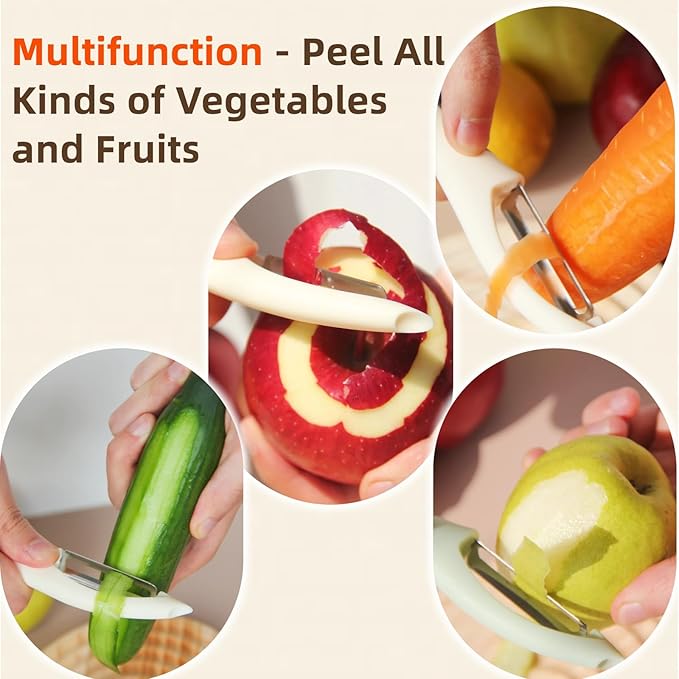 Stainless Steel Vegetable and Fruit Peeler, Swivel Straight Peeled Gadget for Kitchen - Ideal Carrot Cucumber Potato Peeler with Ergonomic, Non-Slip and Cute Handle (Ivory White)