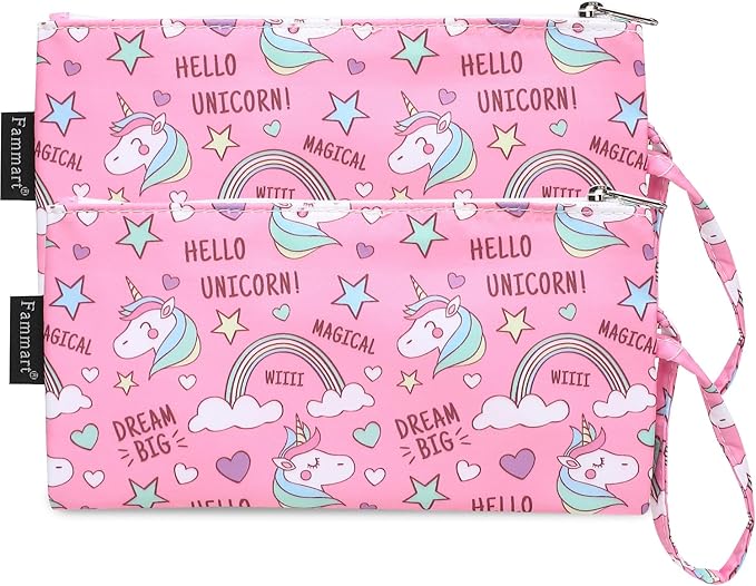 Reusable Sandwich Bag/Snack Bag for Kids & Adults, Dual Layer Lunch Bag with Handle, Washable, Food Safe, BPA Free (2-Pack, Rainbow Unicorn)