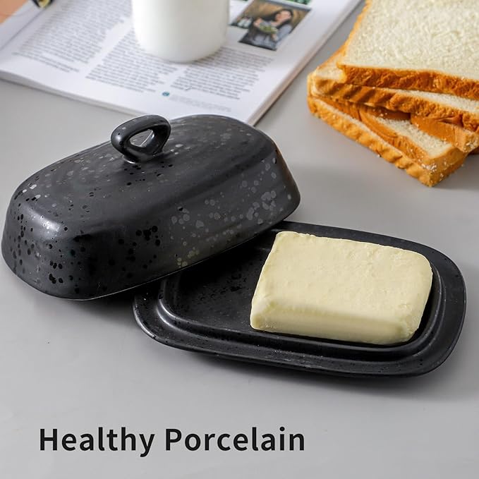 Hasense Porcelain Butter Dish, Large Butter Dish with Lid, Butter Holder with Cover, Butter Containe for West East Coast Butter, Modern Kitchen Decor, Wedding, Housewarming Gift, Black
