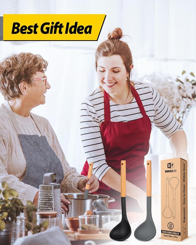 Pack of 2 Soup Ladle, Silicone Ladle Spoon with Wooden Handle, Large Non Stick High Heat Resistant Kitchen Utensils for Cooking, Stirring, Serving Soups(BLACK-GRAY)