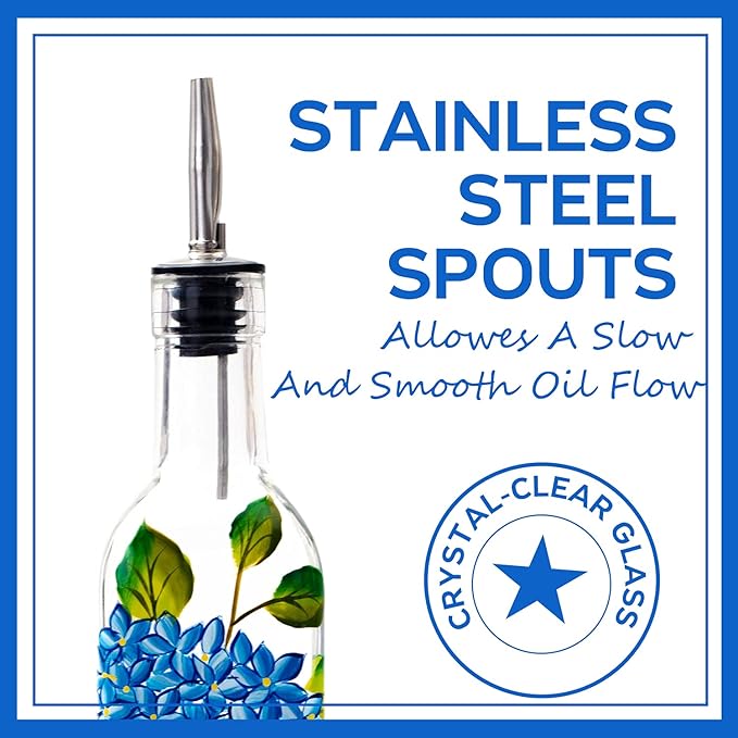 17oz Hand Painted Glass Olive Oil Bottle Dispenser - 500ml Green Oil & Vinegar Cruet with Pourers - Olive Oil Carafe Decanter for Kitchen (hydrangea)