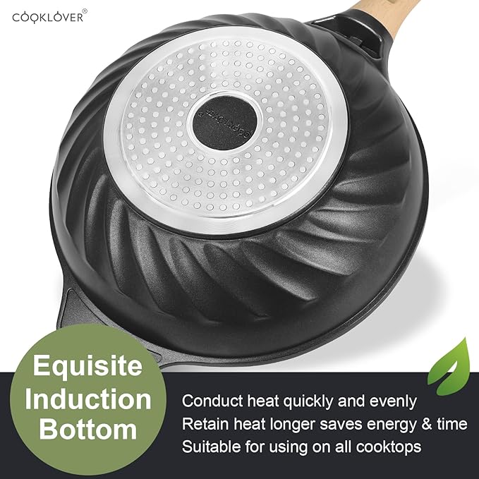 COOKLOVER Nonstick Woks And Stir Fry Pans Die-cast Aluminum Scratch Resistant 100% PFOA Free Induction Wok pan with Lid 12.6 Inch - BK