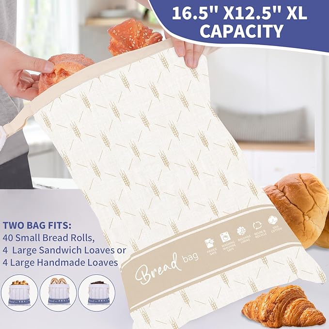 Beeswax Bread Bags for Homemade Bread, 2 Packs XL Reusable Bread Bag for Sourdough Large Cotton Bread Storage Bags for Baking Supplies Freezer Fresh Keeping