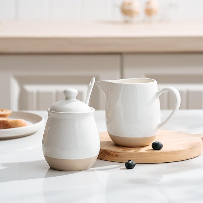 famiware Milkyway Ceramic Sugar and Creamer Set, 10oz Sugar Bowl & 13oz Creamer Set – Stoneware Milk Pitcher & Sugar Dispenser for Coffee Bar, Kitchen, or Countertop, Coffee Serving Set, White