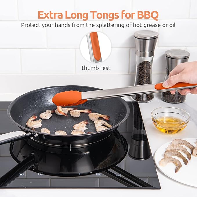 600ºF Heat Resistant Kitchen Tongs: U-Taste 16 inch Extra Long Large Silicone Cooking Tong with Sturdy Non Stick Rubber Tips & Non Slip Silicon Coated 18/8 Stainless Steel Handle for Grill BBQ(Orange)