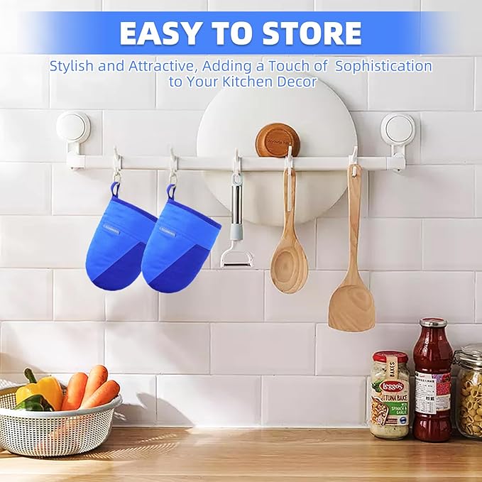 Mini Oven Mitts, Kitchen Oven Gloves Kitchen Mittens 500 Degrees Heat Resistant Baking Gloves, Non-Slip Silicone Surface with Hanging Loops Hot Gloves for Cooking, Baking, BBQ 1 Pair-Blue