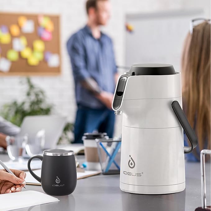 IDEUS Thermal Coffee Carafe 74oz (2,200ml), Stainless Steel Double Wall Insulated Vacuum Flask, Water Jug Coffee Server and Beverage Dispenser, Heat and Cold Retention (White, 74oz (2,200ml))