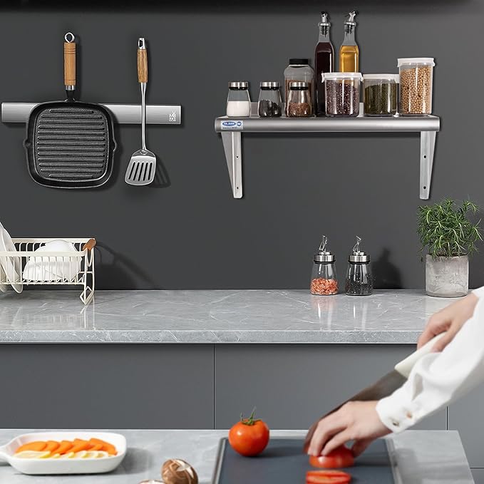 HARDURA Stainless Steel Shelf 12" x 24", 210lb Commercial Shelves Wall Mount Metal Shelving with Backsplash and Brackets for Kitchen, Restaurant, Laundry Room and Home