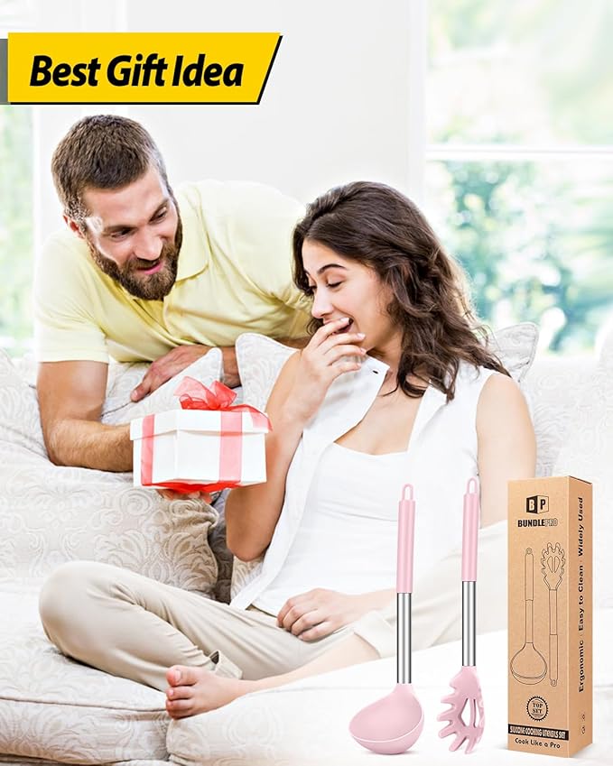 Silicone Pasta Fork and Ladle Spoon Set, Large Non Stick Kitchen Utensils for Cooking,Stirring,Serving Spaghetti, Soup, Sauce (PINK)