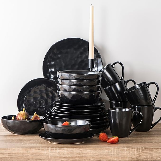 vicrays Ceramic Pasta Bowls Set, 32 Ounce Soup Bowls, Large Salad Bowls, Chip Resistant, Dishwasher Microwave Safe, Fluted stoneware Bowls for Kitchen, Serving Bowls - Set of 6 Black