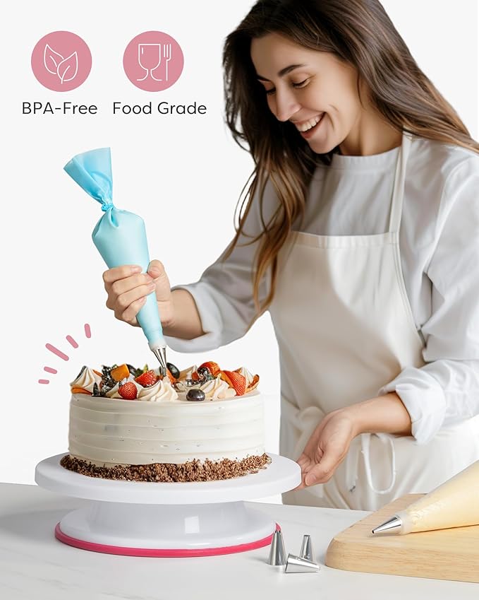 Kootek 71PCs Cake Decorating Kit, Baking Supplies Tools - Includes Cake Stand Turntable, 12 Icing Piping Tips, 2 Frosting Spatulas, 3 Scrapers, 50+2 Piping Bags, Coupler, Video Tutorial, Booklet