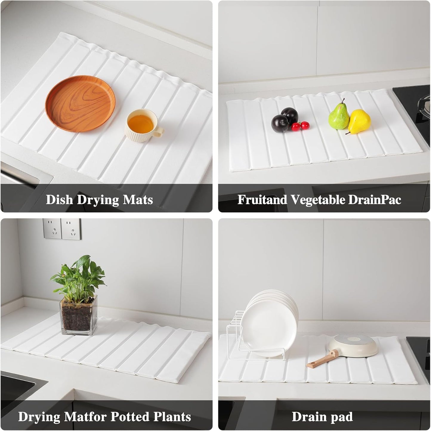 Stone Drying Mat for Kitchen Counter, Collapsible Diatomaceous Earth Dish Drying Mats, Supe Absorbent Quick Dry Stone Mat Kitchen,PU Leather Surface Removable and washable (White, 23.6”x15.4”)