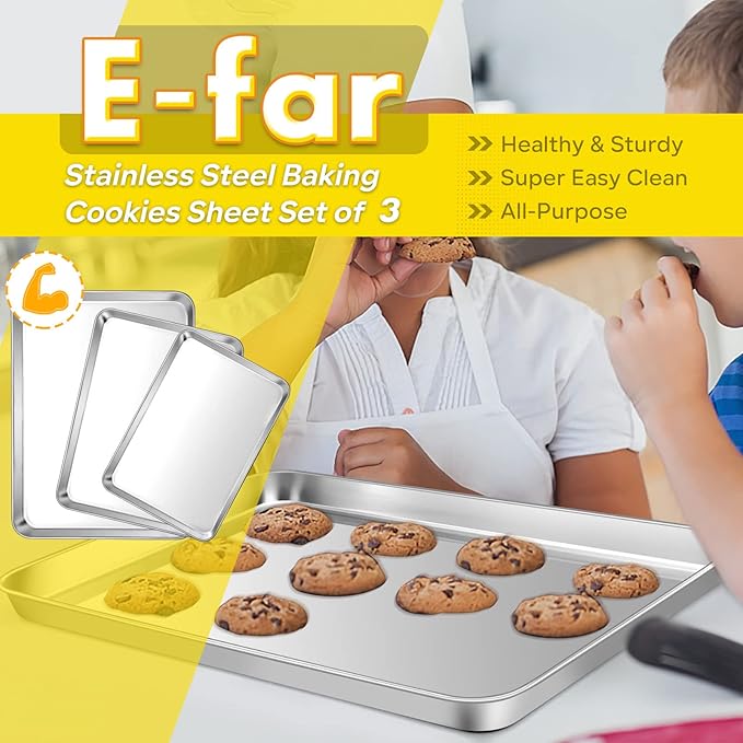 E-far Baking Cookie Sheet Pan Set of 3, 16/12.4/10.4 Inch, Stainless Steel Baking Pans Set for Oven, Rectangle Baking Tray for Cooking Roasting, Non Toxic & Easy Clean, Dishwasher Safe