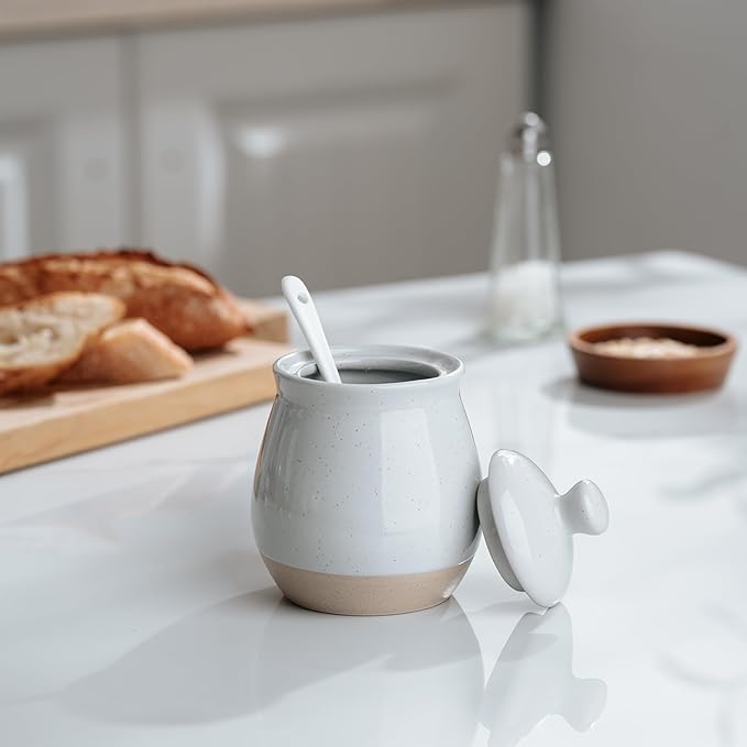 famiware Milkyway Sugar Bowl with Lid and Spoon, 10oz Ceramic Sugar Jar/Pot/Dispenser for Salt, Condiments, Spice, Seasonings, Sugar Container for Coffee Bar, Home, Kitchen, and Countertop, Light Gray
