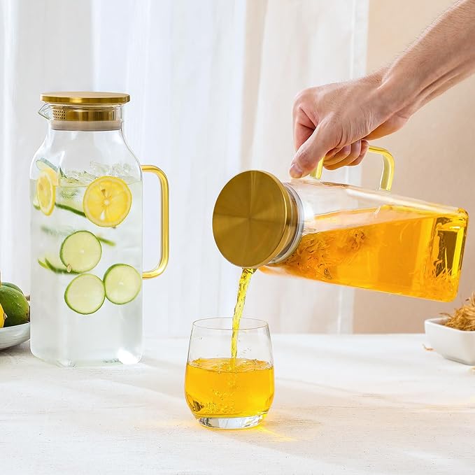 2 Pack 2 Liters/68 oz Square Glass Pitcher with Lid and Handle for Fridge, Iced Tea and Coffee Carafe Beverage Serveware, Heat Resistant Borosilicate Water Gold Jug for Hot/Cold Drinks and Milk
