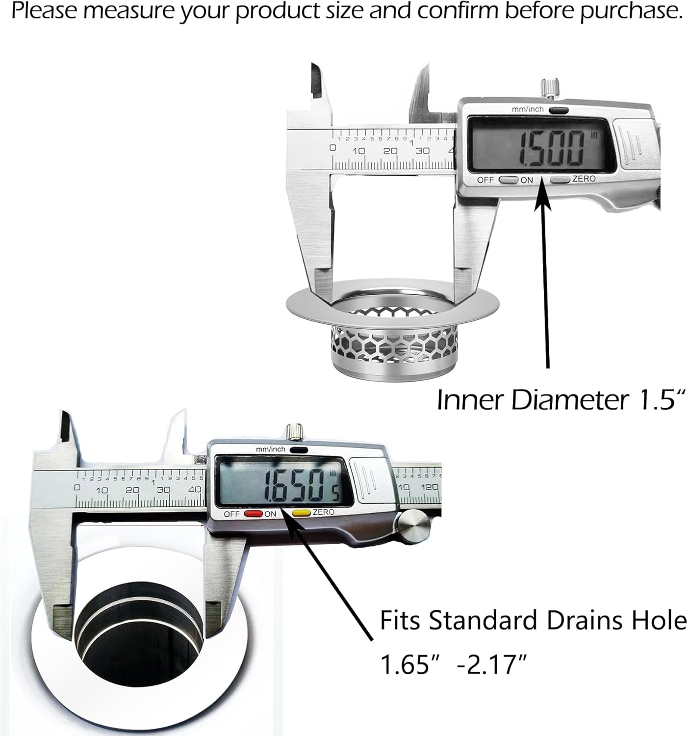 Hair Catcher Shower Drain Bathtub Lavatory Sink Drain Strainer for Laundry, Mop Pool, Utility, Slop, RV Sink, Stainless Steel Drain Filter。Fit Hole Size from 1.65-2.17" ,2Pack (1.5”)