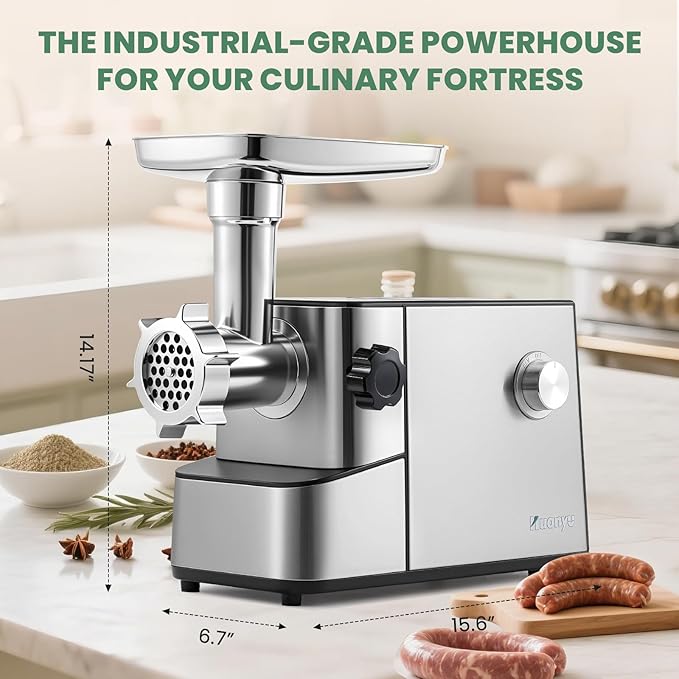 Huanyu Electric Meat Grinder 3200W Max Power, Built-in Storage, Heavy Duty, 2 Blades, 3 Plates, Sausage Tubes and Kubbe Kit #10 Outlet for Home Use