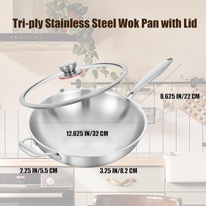 LOLYKITCH 12 Inch Tri-Ply Stainless Steel Wok Pan with Lid, Stir-Frying Pan,Induction Cooking Pan,Dishwasher and Oven Safe,Heavy Duty and Detachable Handle.