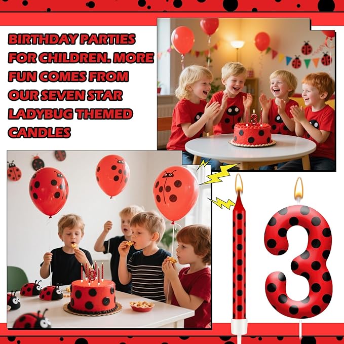 13PCS Ladybug Theme Birthday Candles Set - Red & Black Polka Dot Decorative Candles for Kids Ladybug Themed Parties, Baby Showers, Birthday Cakes, and Ladybird Inspired Celebrations(Number 3)
