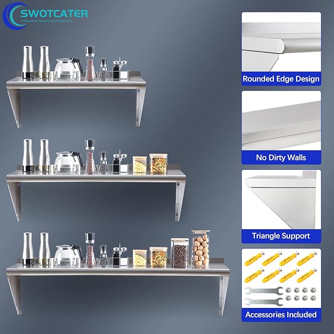 Stainless Steel Shelf 12"x24", Space-Saving Wall Mounted Shelving, 260lb Heavy Duty Steel Shelves with Easy-Clean Surface for Kitchen, Restaurant, Bar, Hotel (Commercial & Home Use)