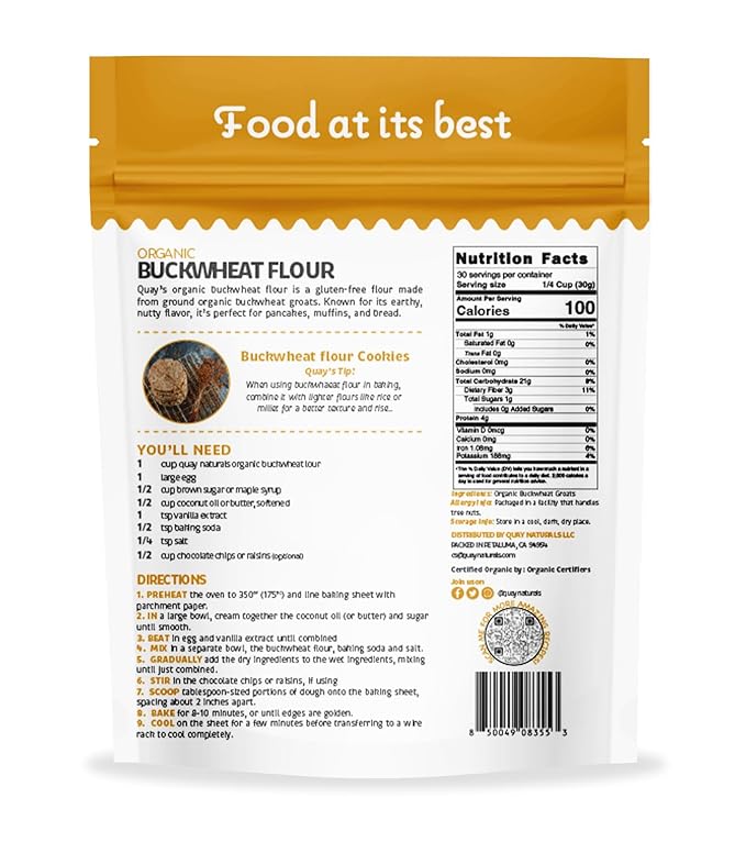 Quay Naturals Organic Buckwheat Flour, 2.5lbs | Gluten-Free, Non-GMO, Vegan | USA Grown, Stone-Ground | Rich Nutty Flavor | Buckwheat Groats