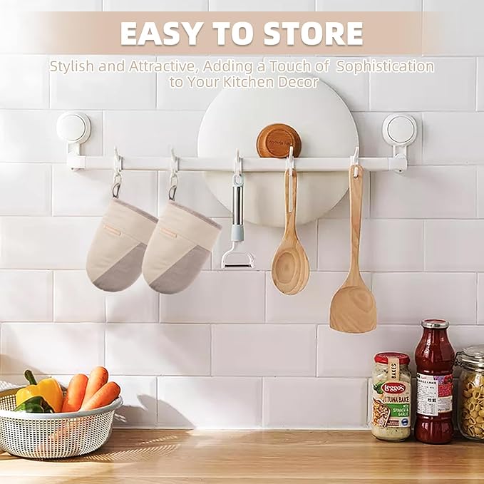 Mini Oven Mitts, Kitchen Oven Gloves Kitchen Mittens 500 Degrees Heat Resistant Baking Gloves, Non-Slip Silicone Surface with Hanging Loops Hot Gloves for Cooking, Baking, BBQ 1 Pair-Khaki