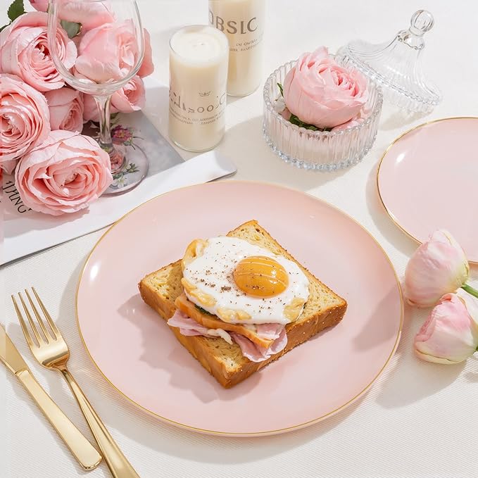 PULOTE 200Pieces Pink Plastic Plates - Premium Hard Pink and Gold Disposable - Include 100PCS 10 inch Dinner & 100PCS 7 inch Dessert Plates, Ideal for Wedding & Party