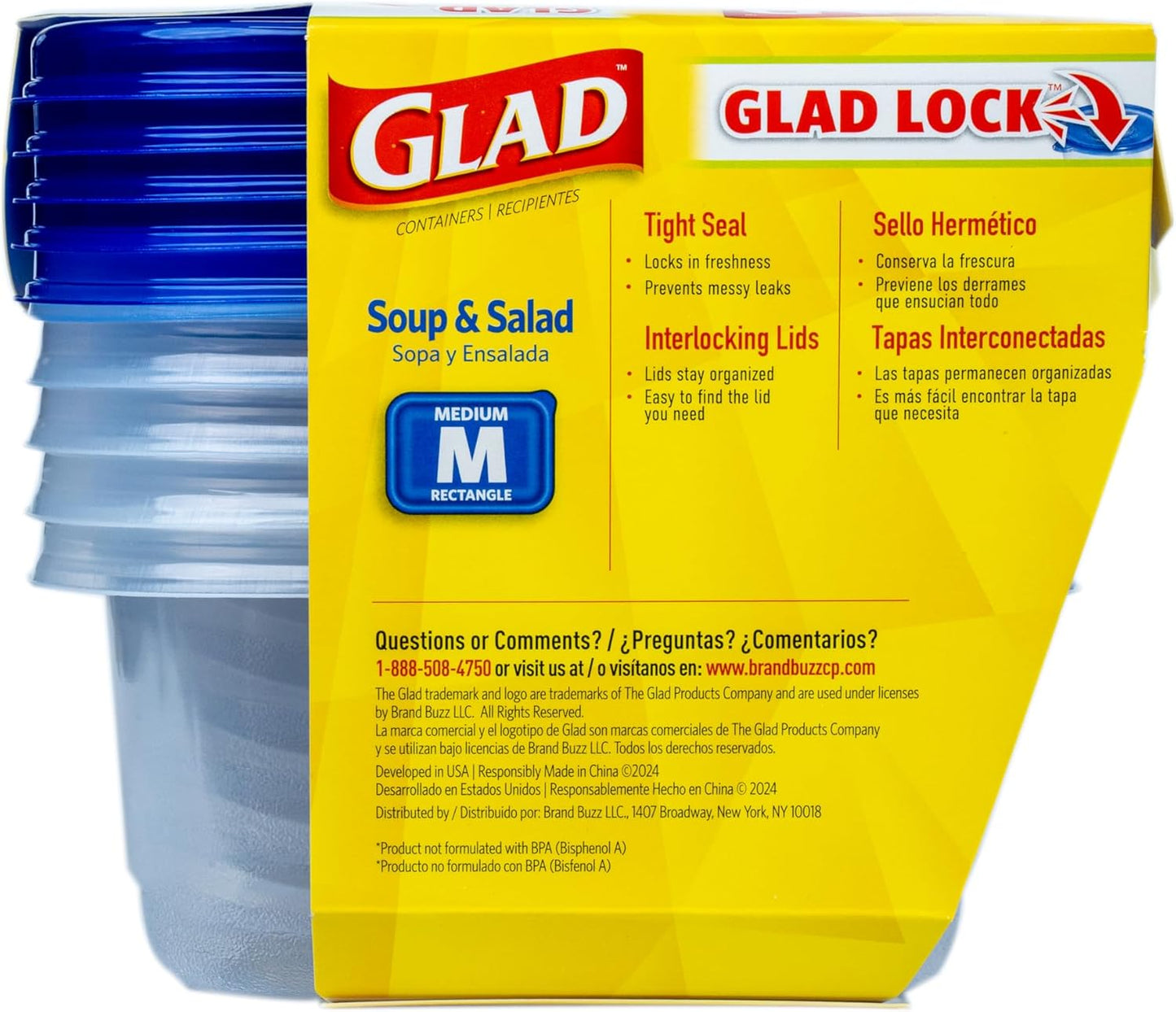 Glad GladWare Soup & Salad Food Storage Containers - Medium Rectangle - Meal Container Holds up to 24 Ounces of Food - Lock Tight Seal, 5 Count - 6 Pack