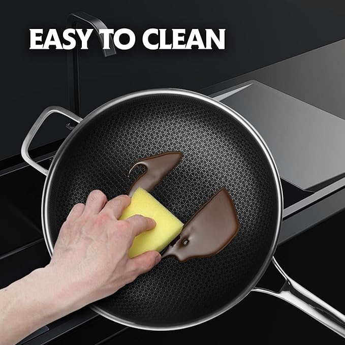 Wok pan,Hybrid 13 inch Wok with Lid, PFOA Free Cookware,non stick Stainless Steel Woks & Stir-fry pans Nonstick, Dishwasher and Oven Safe, Works on Induction