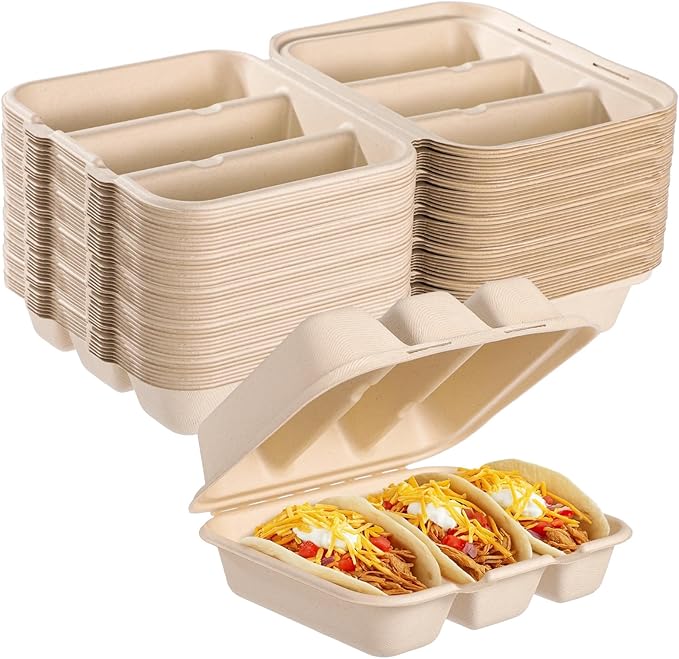 100 PCS Taco Plates Disposable with Lid, 3-Slot Taco Holder, Bagasse Pulp Takeout Food Holders for Tacos, Hot Dogs, Sandwiches, Outdoor Lunch and Party Serving (With Lid)