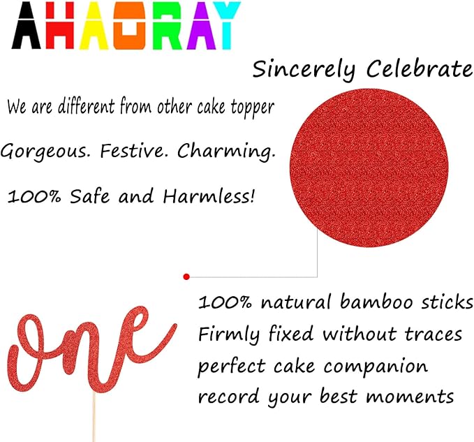 First Birthday Cake Topper - Red Glitter One Cake Decorating Supplies for Girls and Boys, Perfect for Baby Shower/Gender Revealing Party/Baby Party Photo Booth Props