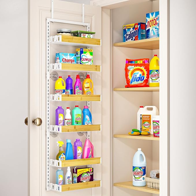 bukfen Over the Door Pantry Organizer 6-Tier Adjustable Basket Kitchen Pantry Door Organization and Storage, 2 in 1 Wall Mount or Hanging Heavy-Duty Metal Hanging Kitchen Spice Rack,White Bamboo Color