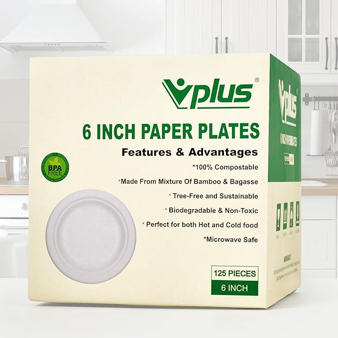 Vplus 125 Pack 6 inch Paper Plates 100% Compostable, Heavy-Duty Disposable Paper Plates Bagasse Natural Biodegradable Eco-Friendly Sugarcane(White)