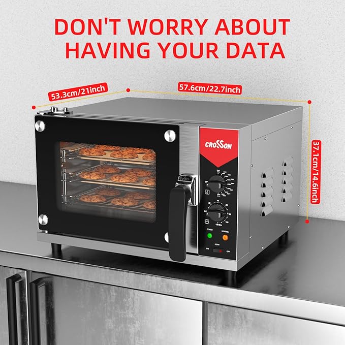 CROSSON 23L Quarter-Size Convection Oven,3-Tier Commercial Toaster oven w/Front Glass Door,3 set of Wire Racks,120 Minutes Timer and Interior Light, 120V/1600W Countertop Conventional Oven