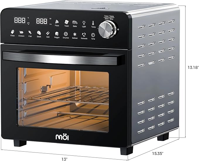 MOI Air Fryer Toaster Oven - Digital Display 1500 W Airfryer Convection Oven Countertop, Adjustable Temperature and Controls, Stainless Steel Toaster Air Fryer combo for Oil-Free Frying - 12 Presets
